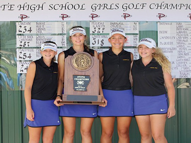Lakeside players celebrate the school's Class 5A girls golf championship 