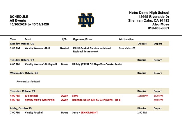 WEEKLY SCHEDULE -- OCT 26-31