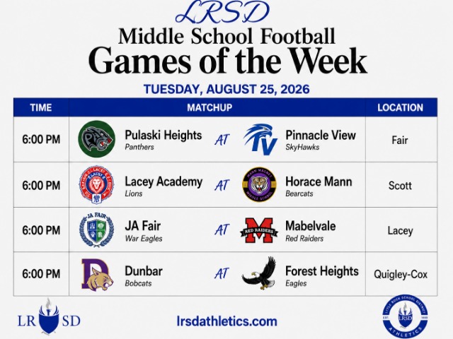 The picture shows the schedule for Little Rock School District middle school for Tuesday, August 25. Each game is played at a specific location.