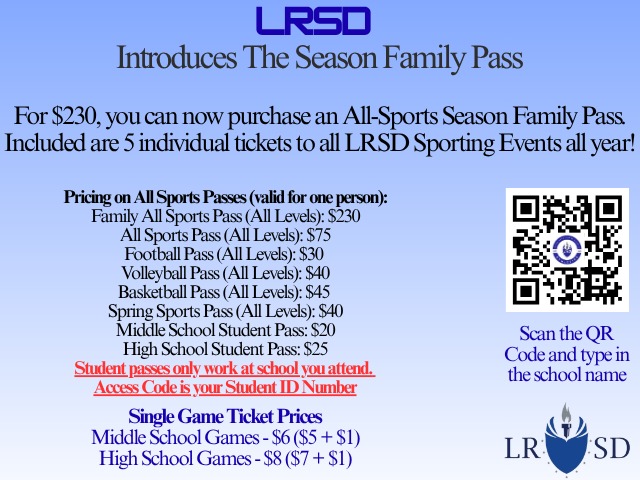 List of season passes offered by Little Rock Schools and their price. Also includes single game ticket price and a QR to GoFan.co to purchase tickets.