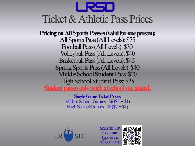 List of season passes offered by Little Rock Schools and their price. Also includes single game ticket price and a QR to GoFan.co to purchase tickets.