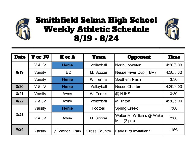 Weekly Athletic Schedule 8/19 - 8/24