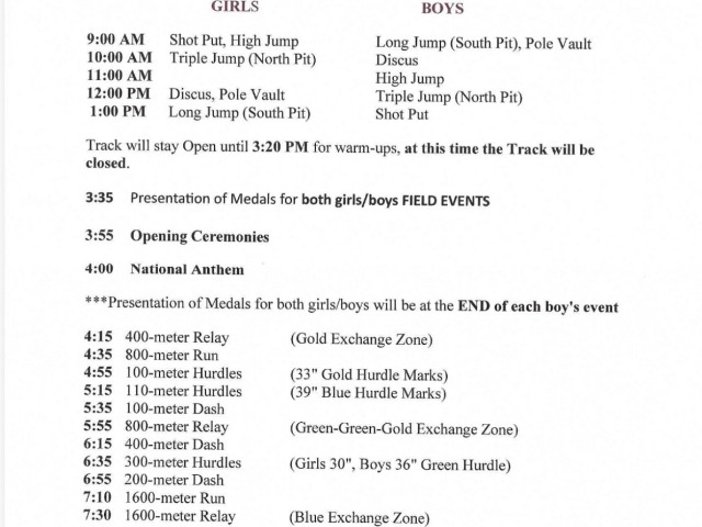 Regional Track Meet Schedule- May 2nd Field Events and Running Finals 