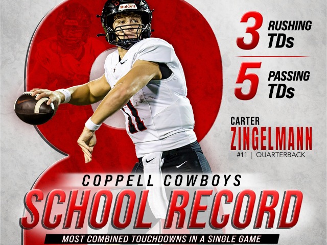 Zingelmann Scores Eight Touchdowns as Coppell Sets School Records in 76-28 Win Over Richardson