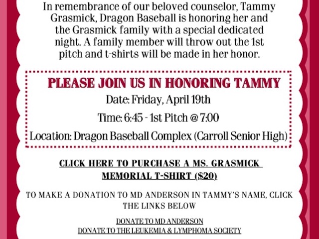 Please join Dragon Baseball in honoring Tammy Grasmick, Friday, April 19th