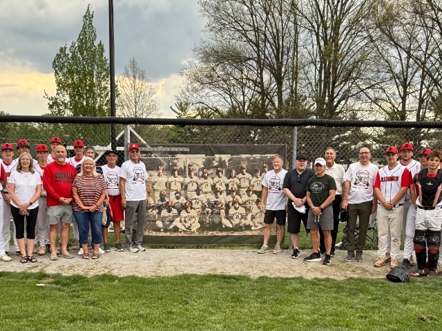1976 State Finalist by team photo with 2026 version of the Red Rider Baseball Team