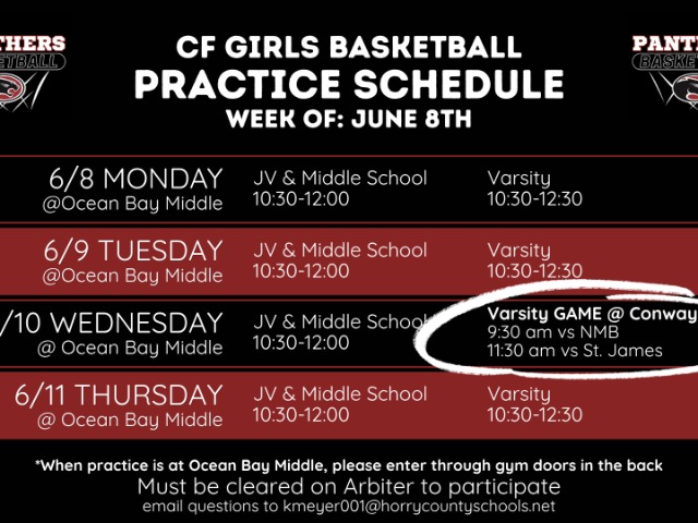 June 8-11 Girls Bball Practice Schedule