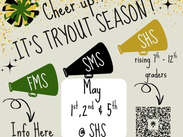 SHS, FMS, & SMS Cheer Tryouts: 5/1, 5/2, & 5/5 Main Gym