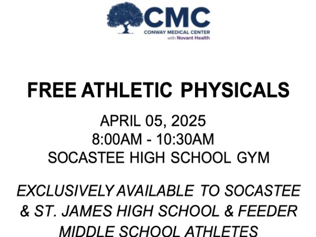 CMC to offer FREE physicals to Socastee and St James area student-athletes on April 5 @ Socastee HS