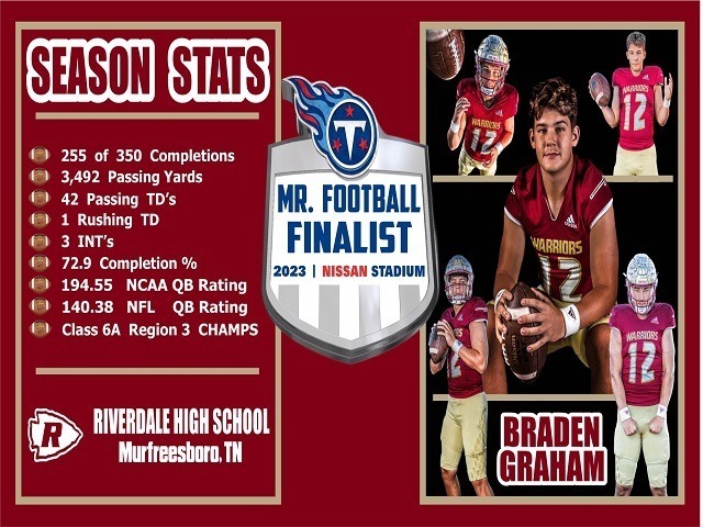 The Tennessee Titans Mr. Football Awards // 12 PM CT - The Tennessee Titans Mr. Football Awards will be presented to the top football players in nine classifications of the Tennessee Secondary School Athletic Association at Nissan Stadium in Nashville.