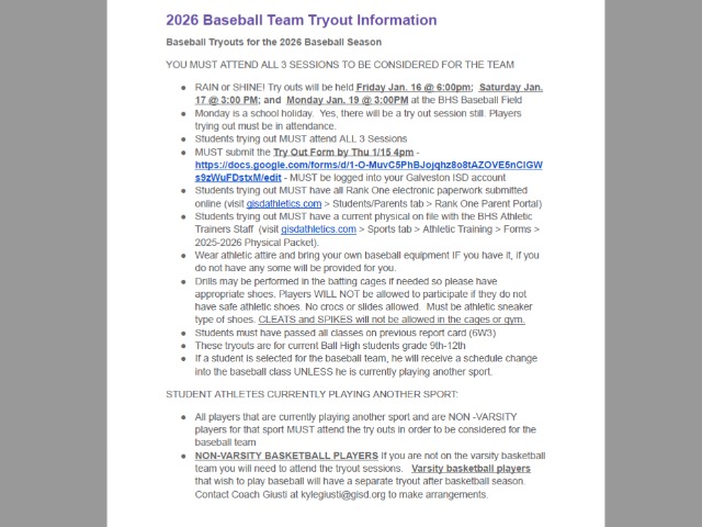 2026 Baseball Tryout Info