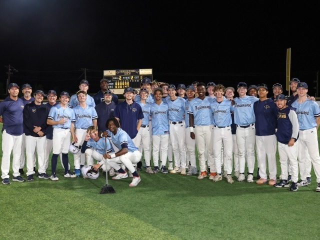 PCA Plano Lions baseball team celebrates after defeating Frisco Legacy Christian to advance to the TAPPS Division I State Tournament semifinals.