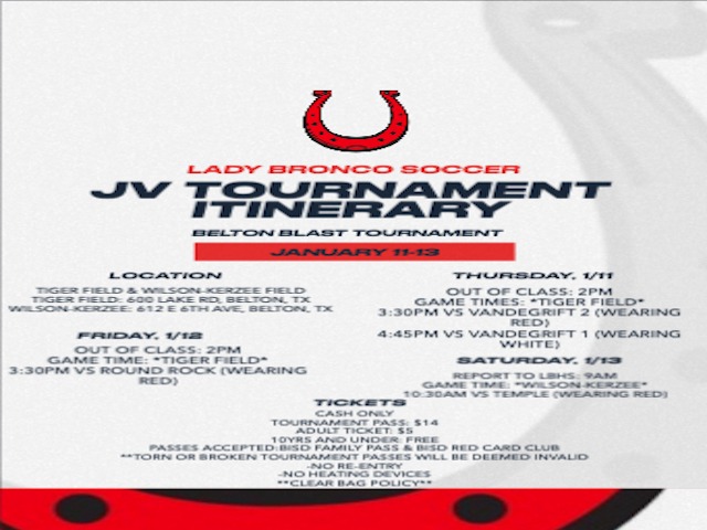 JV Girls Soccer Tournament Itinerary 1/11-13