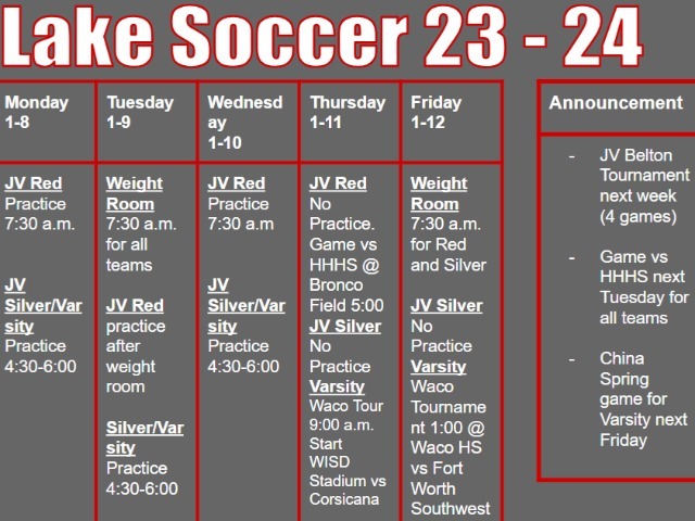 Boys Soccer Weekly Schedule