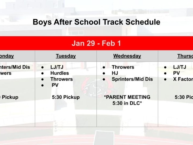 Jan 29 - Feb 1 Track & Field Weekly Schedule 