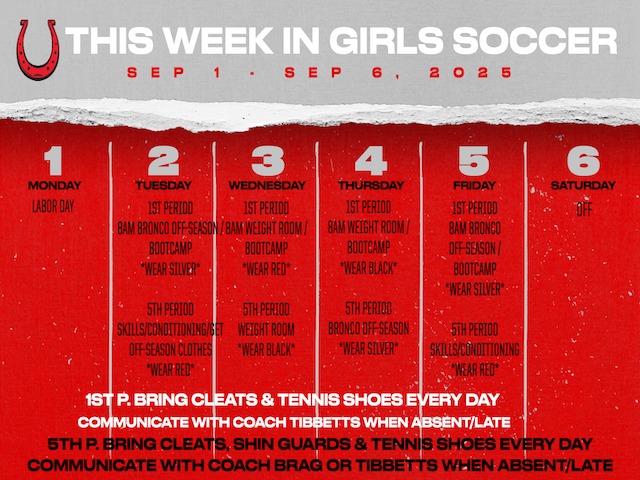 Girls Soccer Weekly Schedule 9/1-6