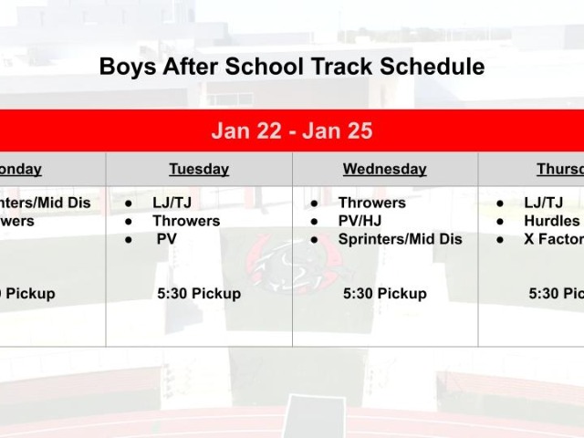 Jan 22-25 Boys Track & Field Weekly Schedule