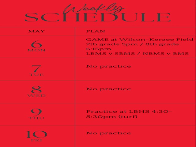 MS Girls Soccer Weekly Schedule 5/6-10