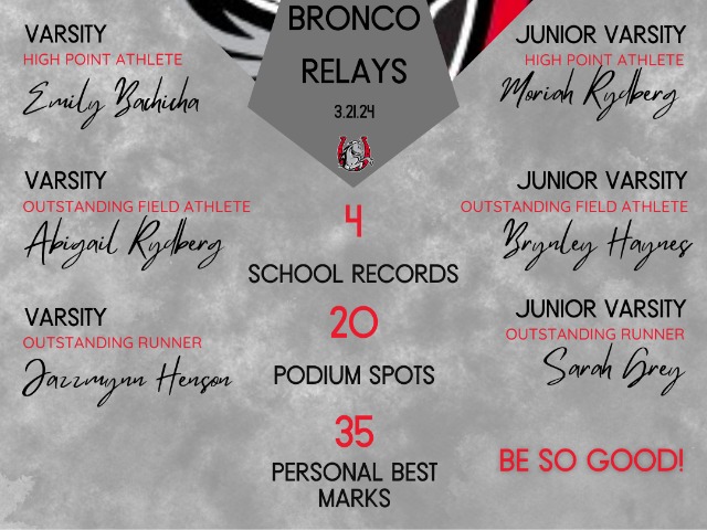 JV & V Girls Win Bronco Relays: 4 School Records, 35 Personal Best Marks