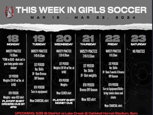 Girls Soccer Weekly Schedule 3/18-23