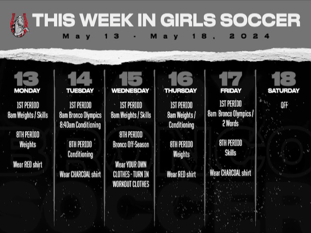 Girls Soccer Weekly Schedule 5/13-18