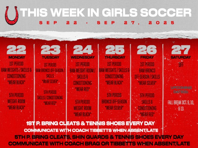 Girls Soccer Weekly Schedule 9/22-27