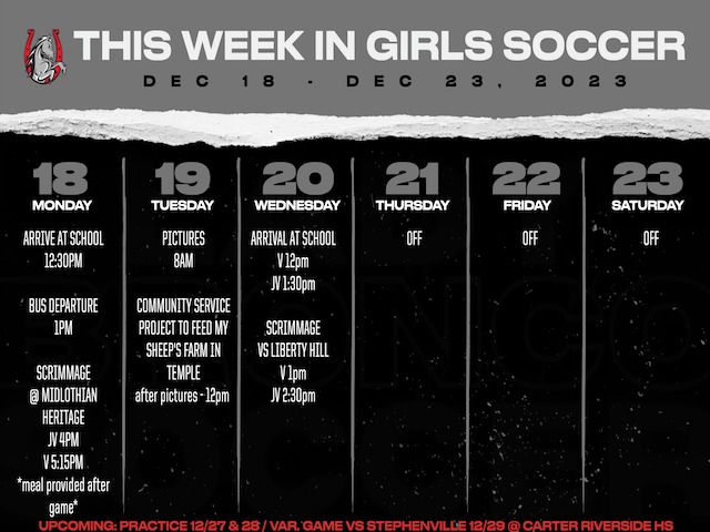 Girls Soccer Weekly Schedule 12/18-23