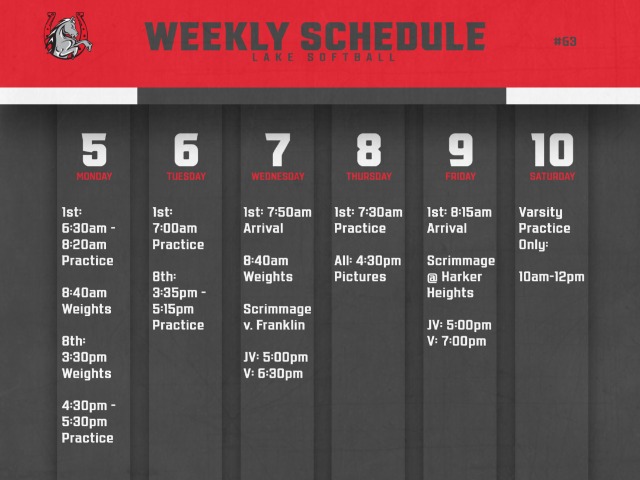 Softball Weekly Schedule 2/5-2/10