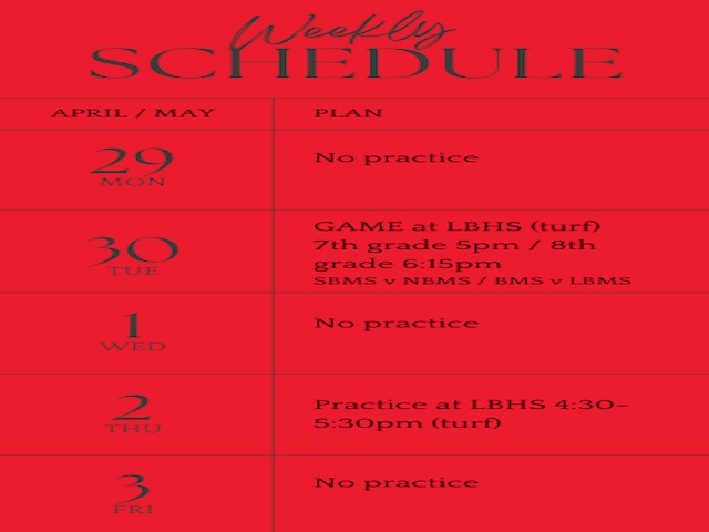 MS Girls Soccer Weekly Schedule 4/29 - 5/3