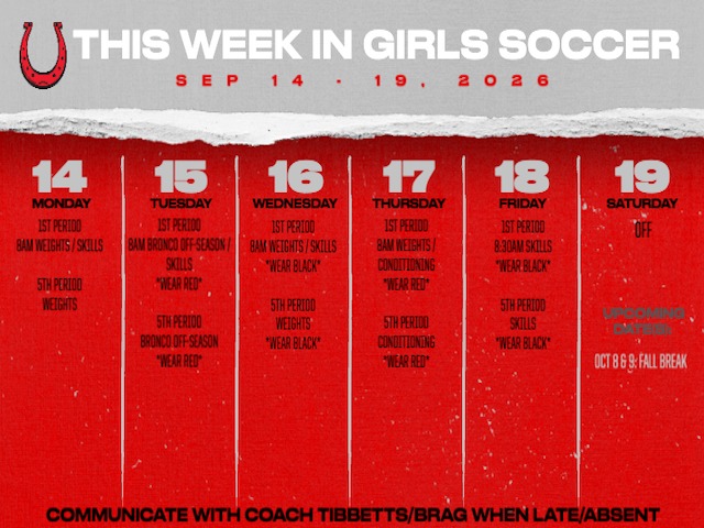 Girls Soccer Weekly Schedule 9/14-19