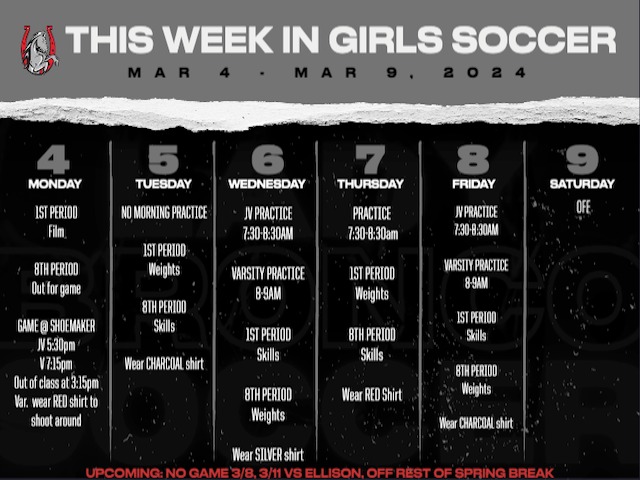 Girls Soccer Weekly Schedule 3/4-9