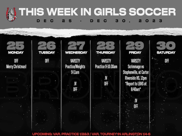 Girls Soccer Weekly Schedule 12/25-30