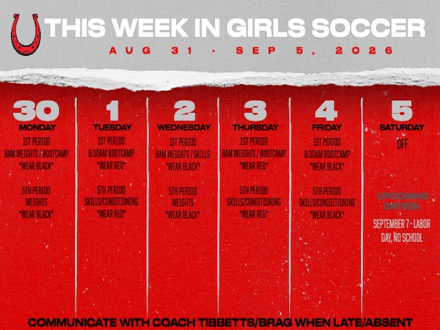 Girls Soccer Weekly Schedule 8/31 - 9/5