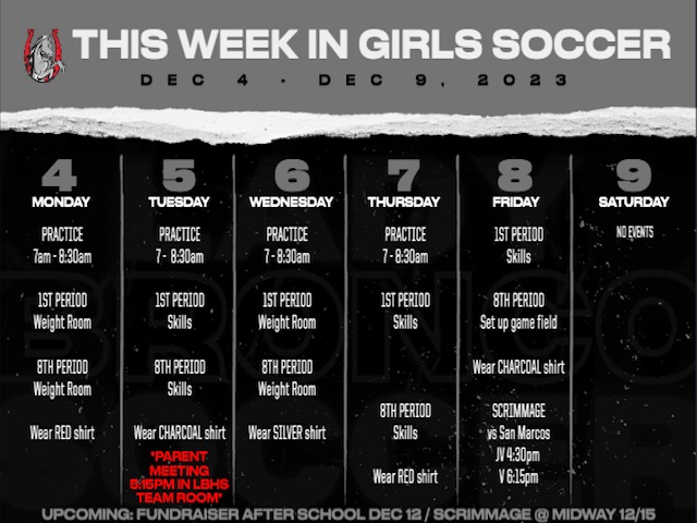 Girls Soccer Weekly Schedule 12/4-9
