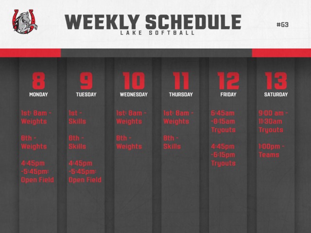 Softball Weekly Schedule 1/8-1/13