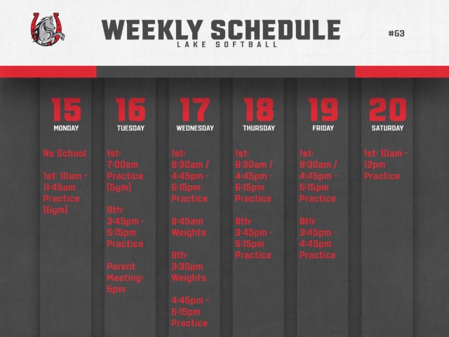 Softball Weekly Schedule 1/15-1/20