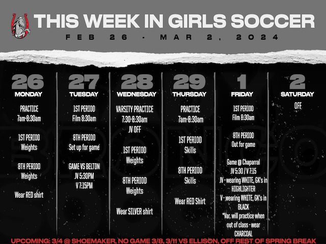 Girls Soccer Weekly Schedule 2/26 - 3/2