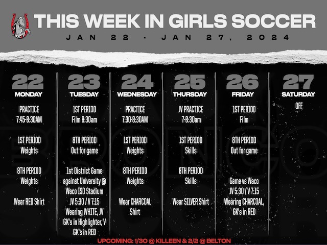 Girls Soccer Weekly Schedule 1/22-27
