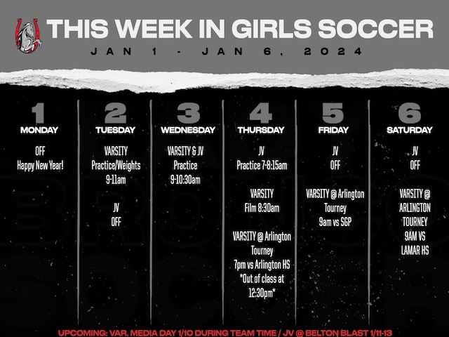 Girls Soccer Weekly Schedule 1/1-6