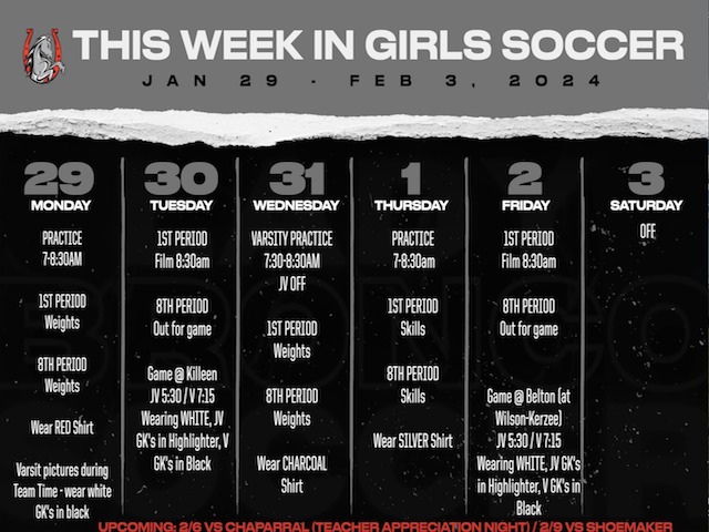 Girls Soccer Weekly Schedule 1/29 - 2/3