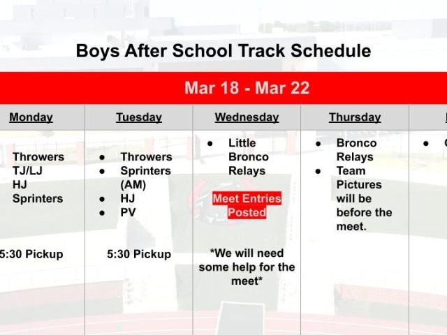 Mar 18 - Mar 22 After School Weekly Schedule