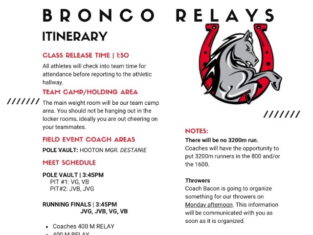 3/22 Bronco Relays Rescheduled Itinerary