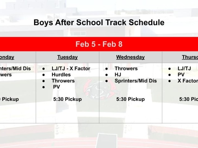 Feb 5 - Feb 8 Track & Field After School Weekly Schedule