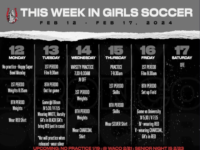Girls Soccer Weekly Schedule 2/12-17