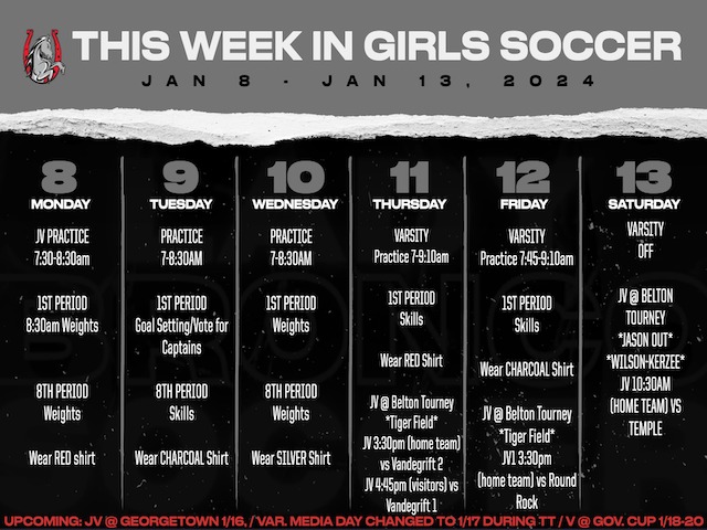 Girls Soccer Weekly Schedule 1/8-13