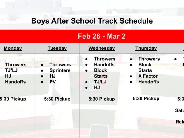 Feb 26 - Mar 2 Boys Track After School Weekly Schedule 