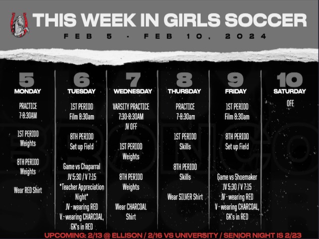 Girls Soccer Weekly Schedule 2/5-10