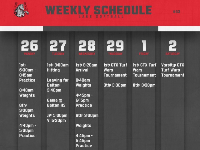 Softball Weekly Schedule 2/26-3/2
