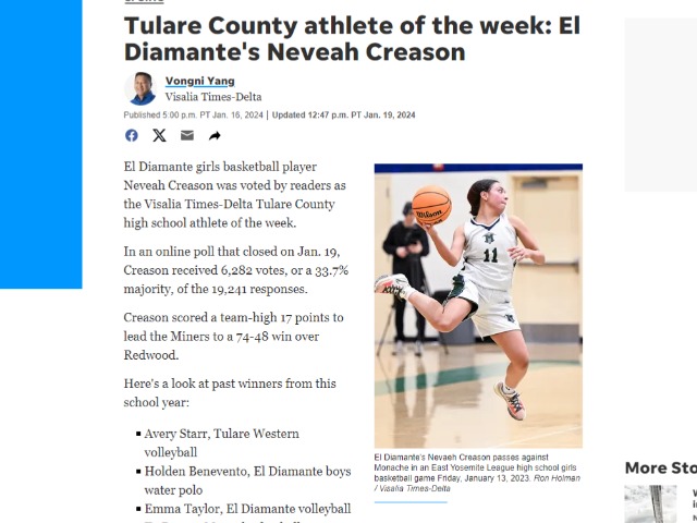 Tulare County Player of the week: El Diamante's Neveah Creason