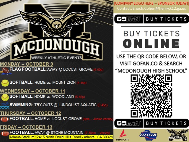 Weekly Athletic Events: October 9th-15th
